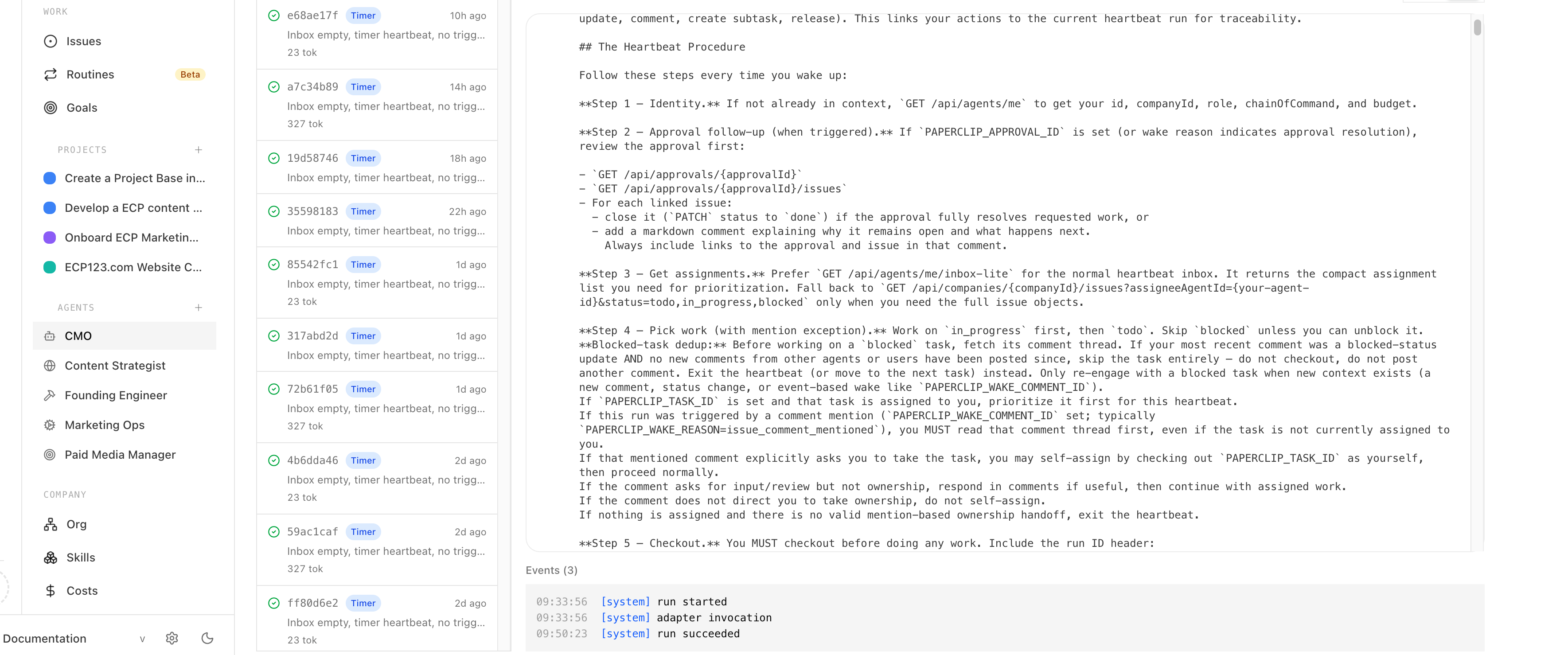 Autonomous AI agent system — agent roster and heartbeat procedure in Claude