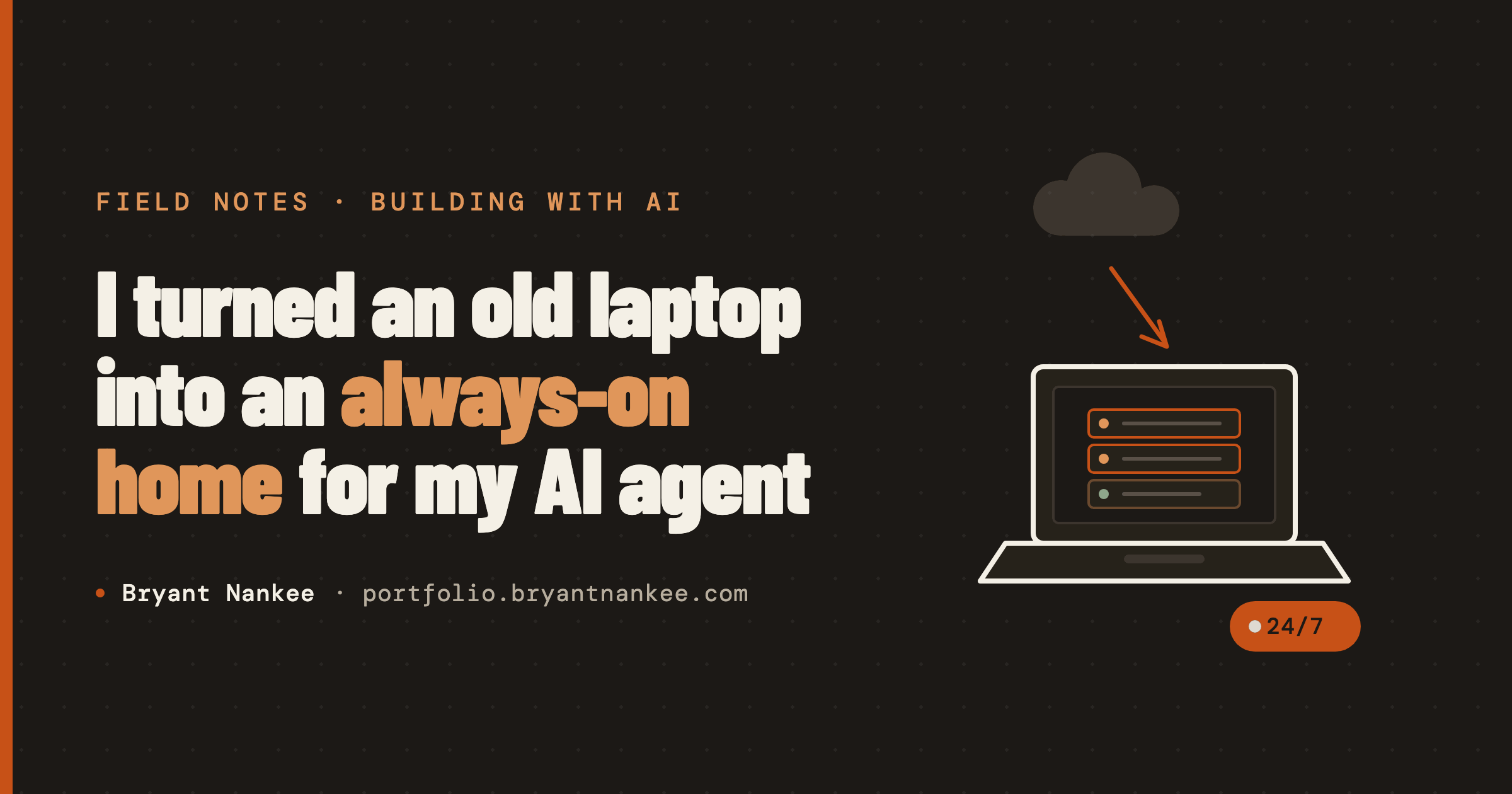 Illustration: a cloud VPS migrating into an old laptop running a server, always on.